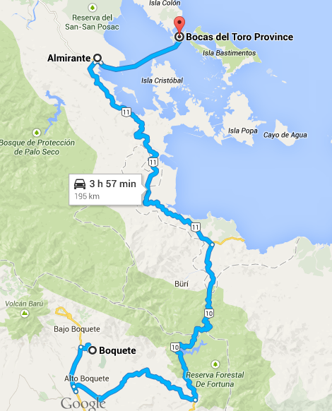 O trajeto de Boquete a Bocas del Toro | Google Maps