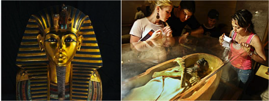 Máscara mortuária de Tutankamon (foto: viajeaqui.abril.com.br) e múmias do museu (foto: noticias.terra.com.br)