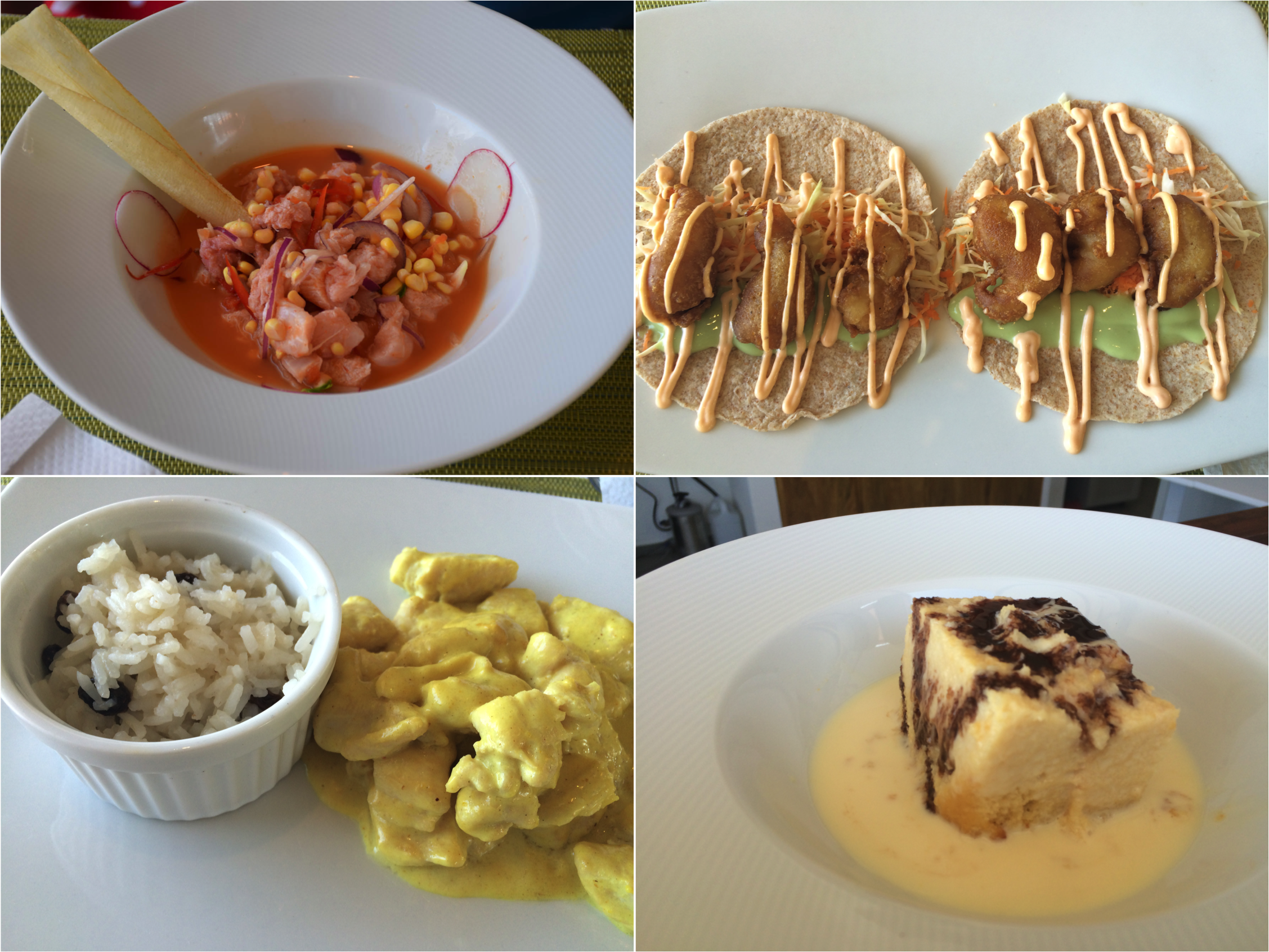 Nossos pratos no Los Vientos Beach Club: ceviche, tacos, frango ao curry e sobremesa Tres Leches