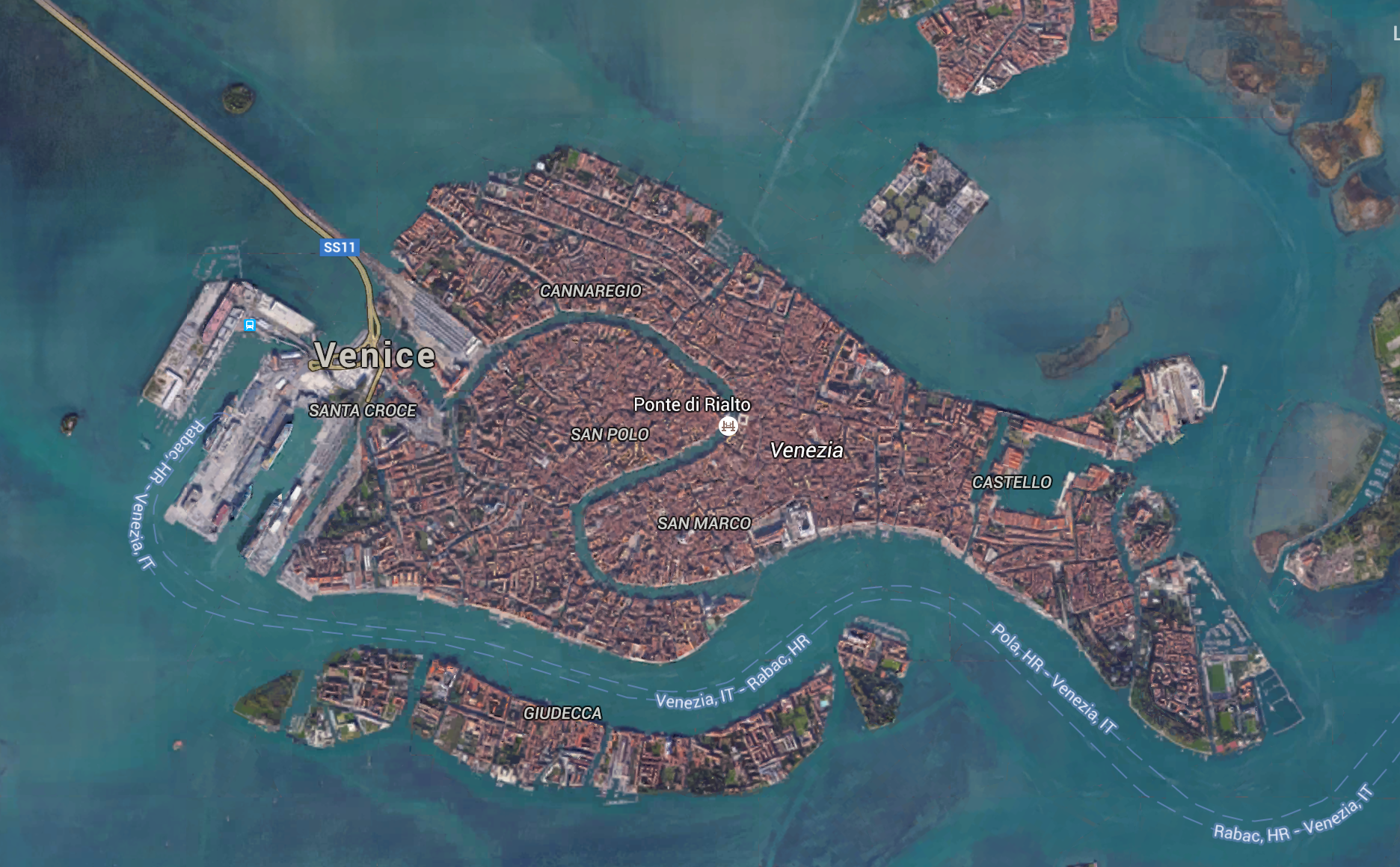 Vista aérea de Veneza - Repare no "S", que é o Grand Canal | fonte: Google Earth
