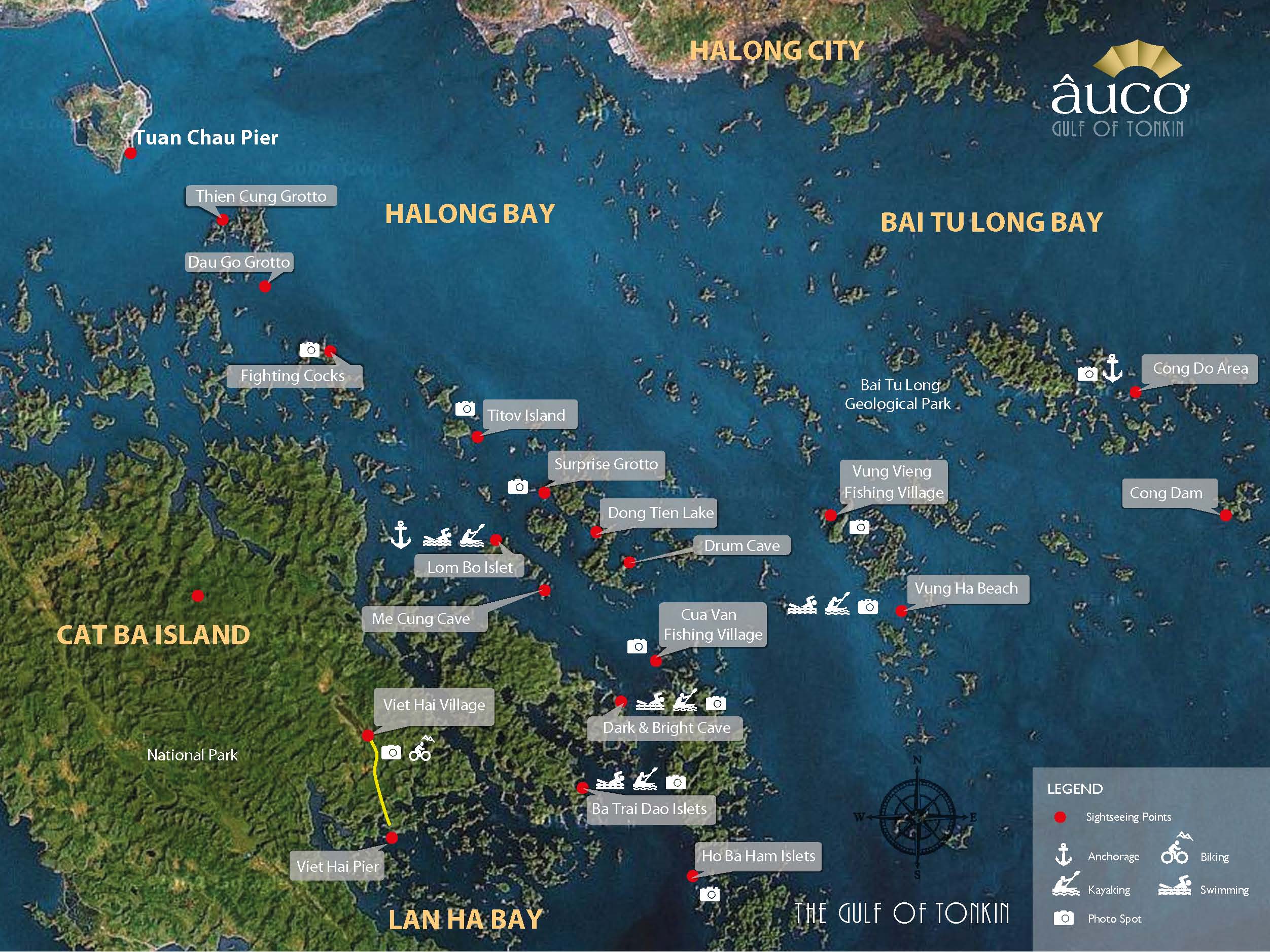 Mapa das ilhas, cavernas, praias, vilarejos e outras atrações em Halong Bay | fonte: Au Co Cruises