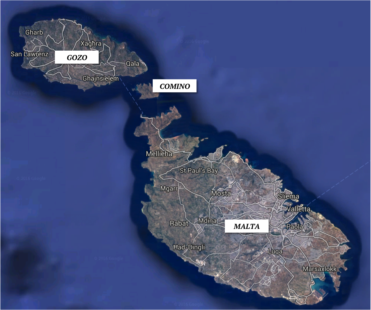 Ilhas Maltesas: Malta, Comino e Gozo | Mapa: Google Earth