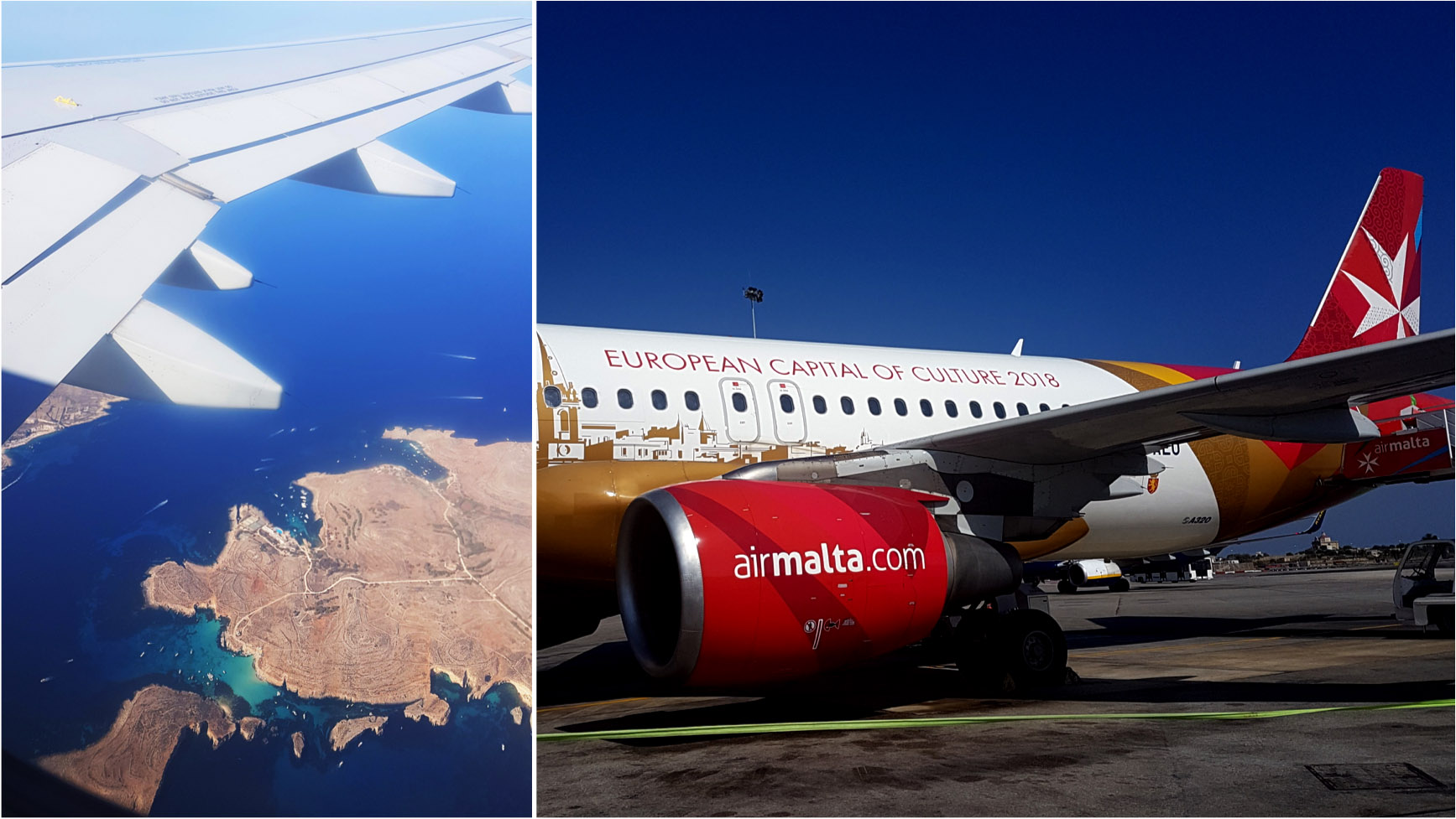 Vista aérea da ilha de Comino / Blue Lagoon & Aeronave da Air Malta