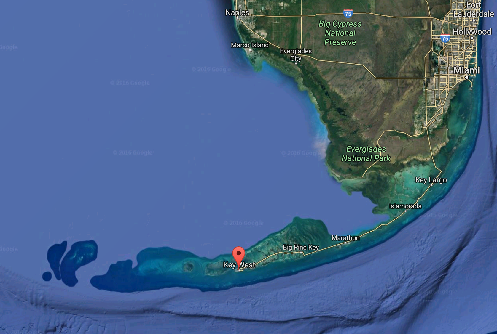 Florida Keys e a estrada Overseas Highway | imagem: Google Earth 