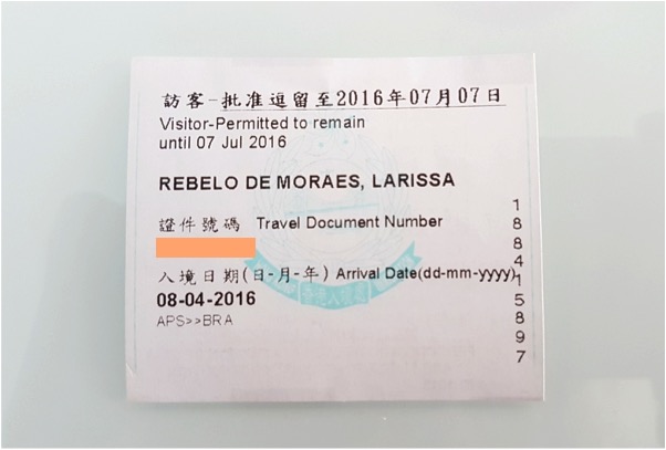 "Carimbo" da entrada de Hong Kong - papelzinho impresso