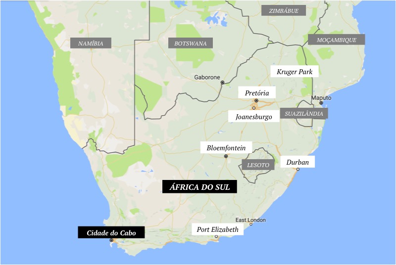 Cidades da África do Sul e países vizinhos | base mapa: Google Maps