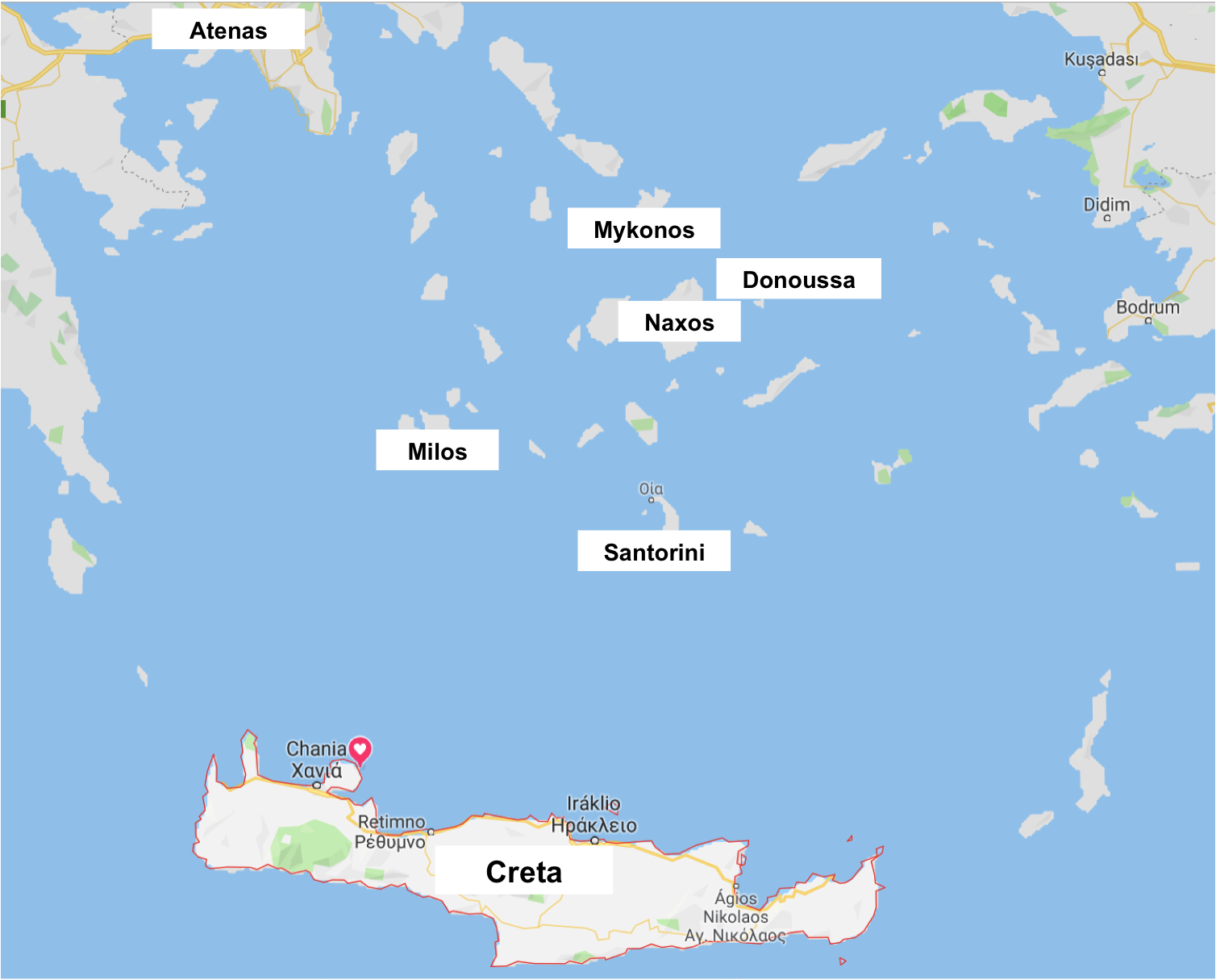 Mapa ilhas Cíclades e Creta